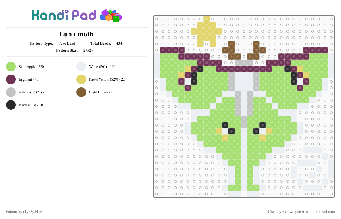 Luna moth - Fuse Bead Pattern by r4yn3yd4yz on Kandi Pad - green,nature,bug,butterfly,animal,cute,purple,white