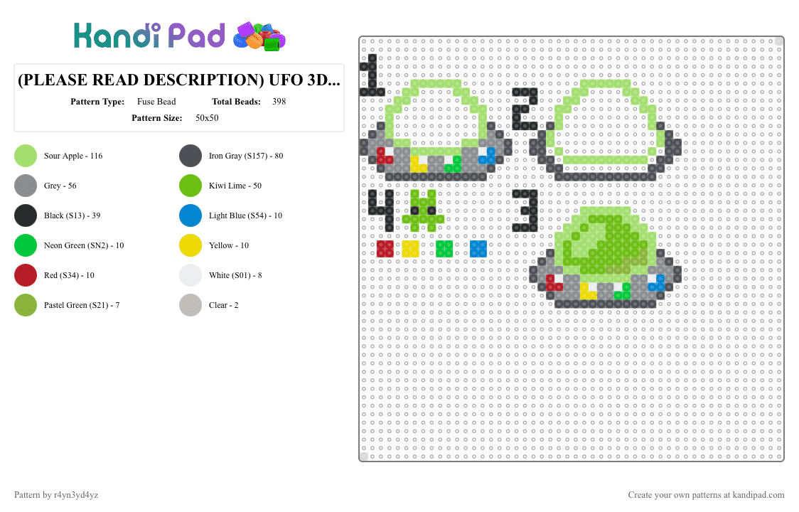 (PLEASE READ DESCRIPTION) UFO 3D Shaker - Fuse Bead Pattern by r4yn3yd4yz on Kandi Pad - purple,green,gray,ufo,alien,cute,shaker,3d,space
