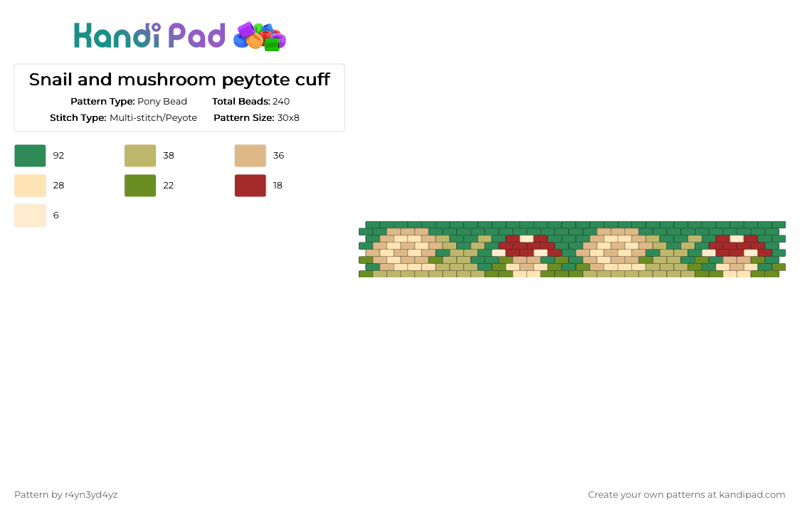 Snail and mushroom peytote cuff - Pony Bead Pattern by r4yn3yd4yz on Kandi Pad - beige,green,nature,animals,cute,plants,mushrooms,brown