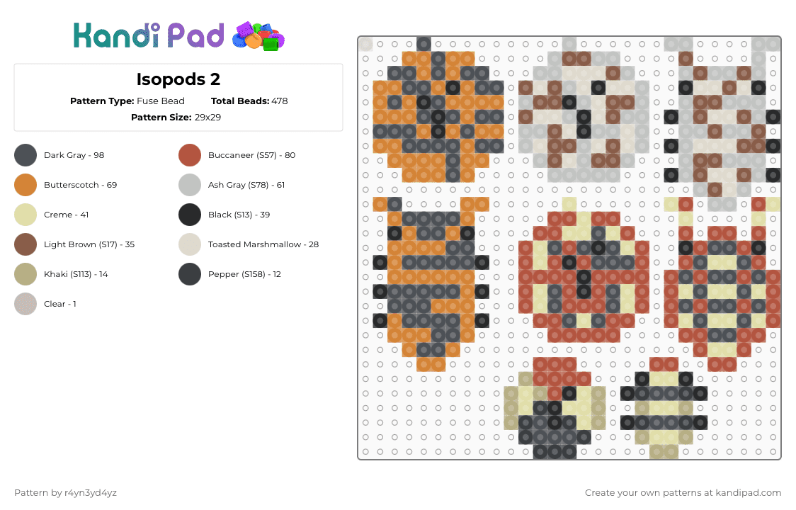 Isopods 2 - Fuse Bead Pattern by r4yn3yd4yz on Kandi Pad - beige,red,gray,orange