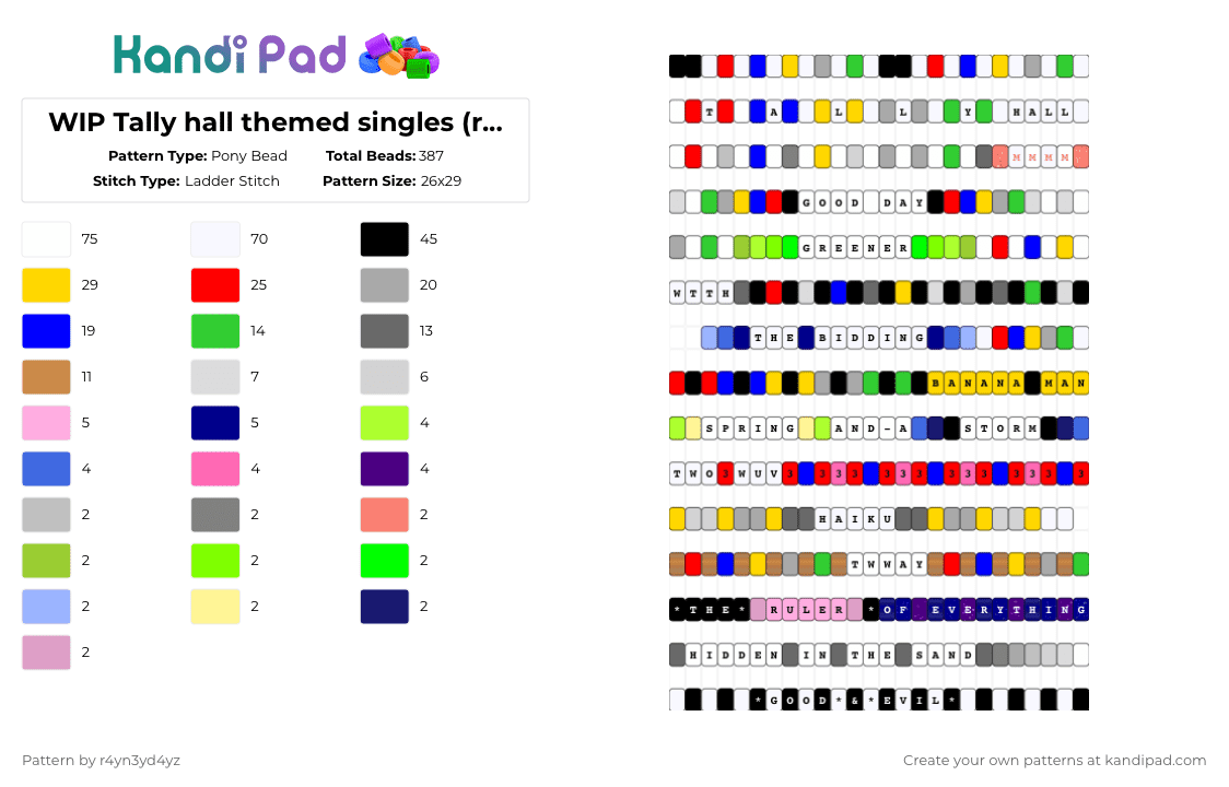 Tally hall themed singles (read description) - Pony Bead Pattern by r4yn3yd4yz on Kandi Pad - white,purple,yellow,beige,colorful,music,tally hall,singer,band,song,single