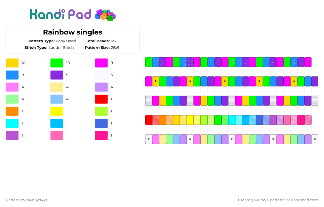 Rainbow singles - Pony Bead Pattern by r4yn3yd4yz on Kandi Pad - light blue,purple,yellow,colorful