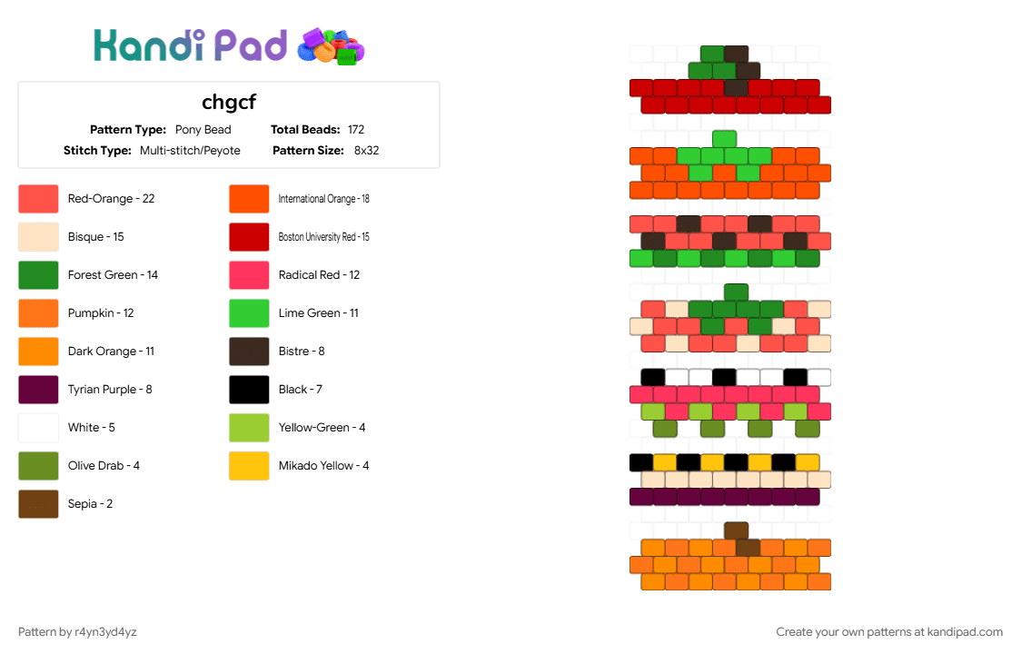 Fruit rings - Pony Bead Pattern by r4yn3yd4yz on Kandi Pad - apple, colorful, cute, food, green, orange, plant, red, sweet, watermelon, yummy