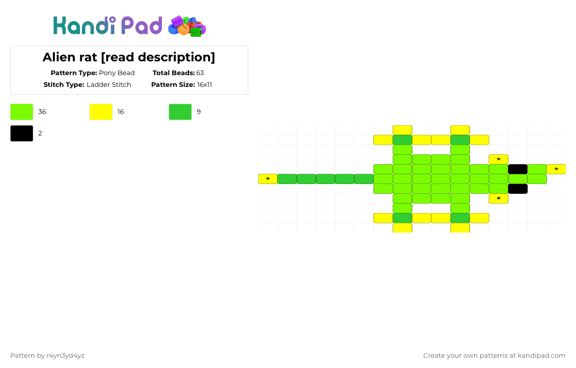 Alien rat [read description] - Pony Bead Pattern by r4yn3yd4yz on Kandi Pad - green,yellow