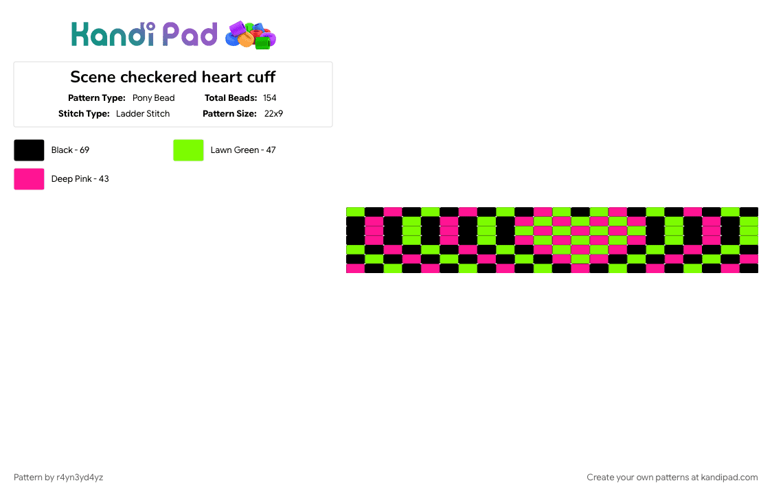 Scene checkered heart cuff - Pony Bead Pattern by r4yn3yd4yz on Kandi Pad - black, emo, green, pink