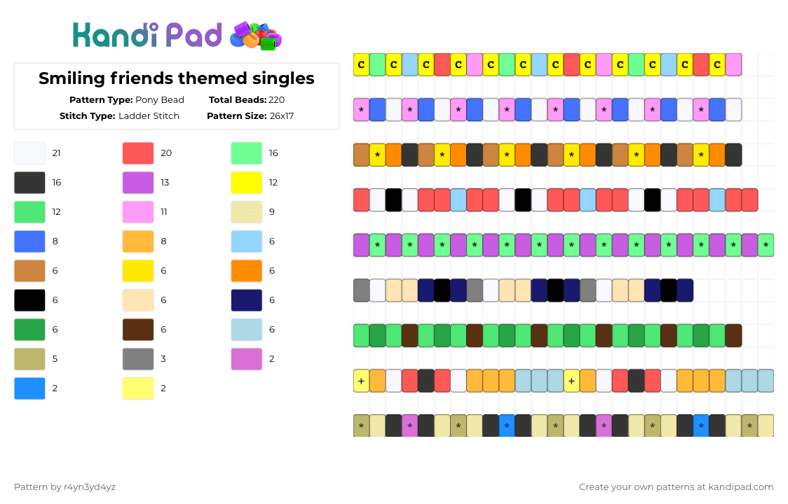 Smiling friends themed singles [read description] - Pony Bead Pattern by r4yn3yd4yz on Kandi Pad - yellow,teal,red,orange,colorful,smiling friends,cartoon,show,single,character