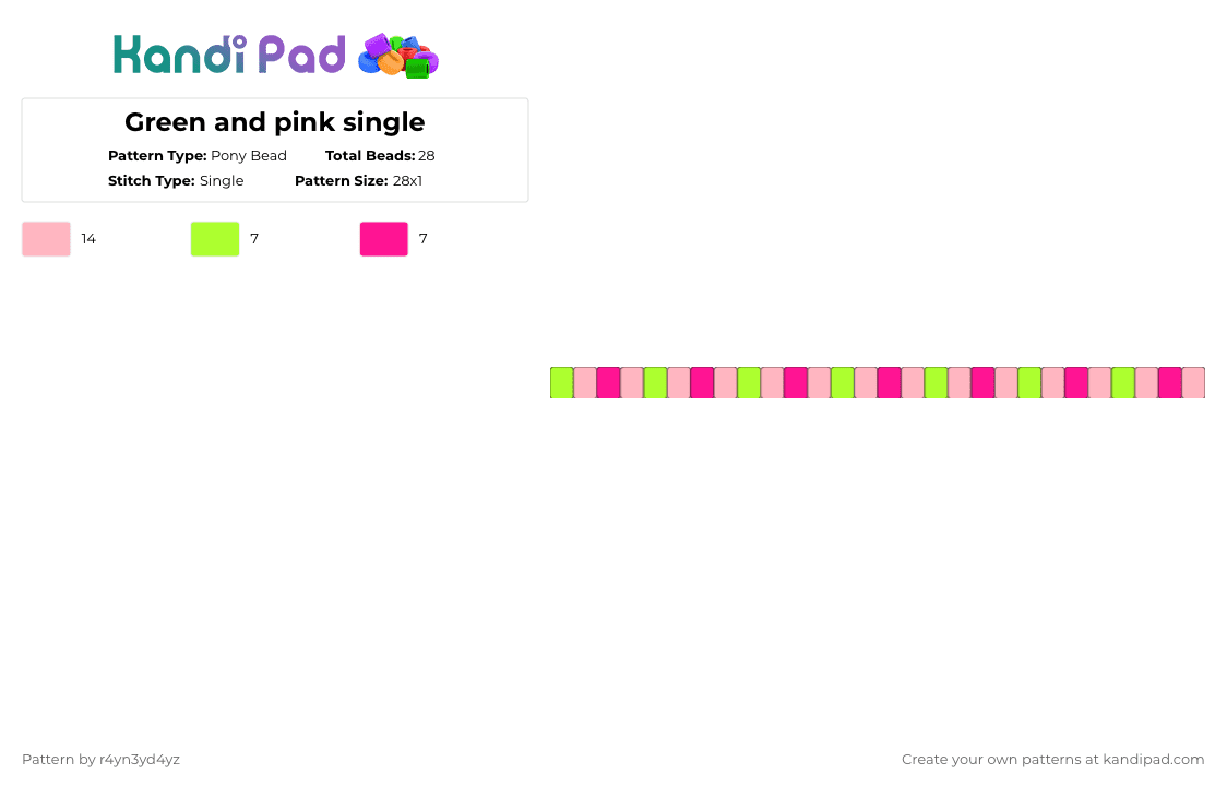 Green and pink single - Pony Bead Pattern by r4yn3yd4yz on Kandi Pad - pink,green,magenta,single,cute