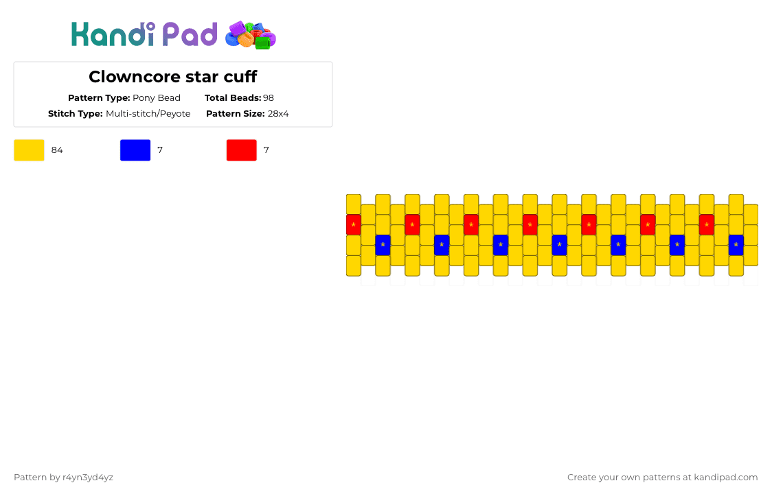 [READ DESCRIPTION]Clowncore star cuff - Pony Bead Pattern by r4yn3yd4yz on Kandi Pad - yellow,clowncore,primary color,star,kidcore,cuff,decora
