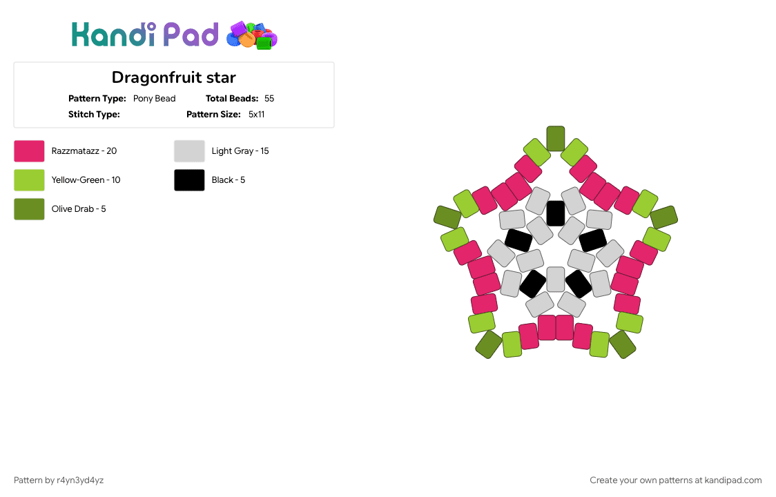 Dragonfruit star - Pony Bead Pattern by r4yn3yd4yz on Kandi Pad - food, fruit, green, nature, pink, sweet