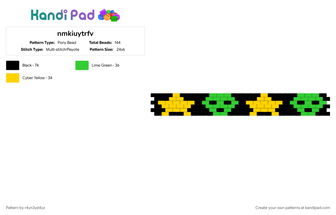 green alien with yellow stars cuff - Pony Bead Pattern by r4yn3yd4yz on Kandi Pad - green, space, yellow