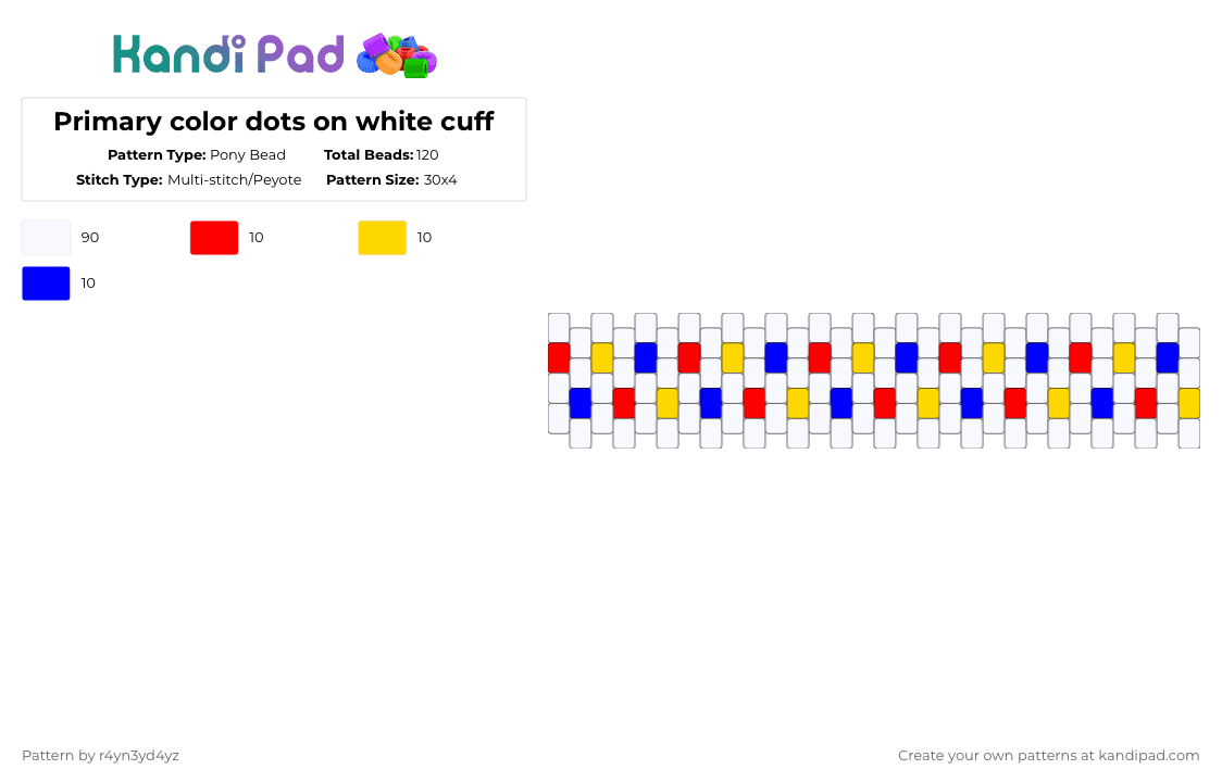 Primary color dots on white cuff - Pony Bead Pattern by r4yn3yd4yz on Kandi Pad - white,red,yellow,purple,kidcore,primary color,clowncore,dot,cuff,kandi,decora