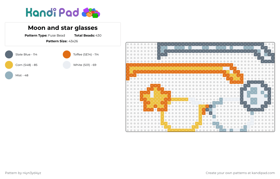 Moon and star glasses - Fuse Bead Pattern by r4yn3yd4yz on Kandi Pad - gray,orange,yellow,star,moon,crescent,split,dark