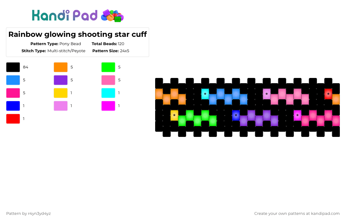 Rainbow glowing shooting star cuff - Pony Bead Pattern by r4yn3yd4yz on Kandi Pad - black,green,purple,colorful,glow,space,cuff,star,rainbow,galaxy,shooting star
