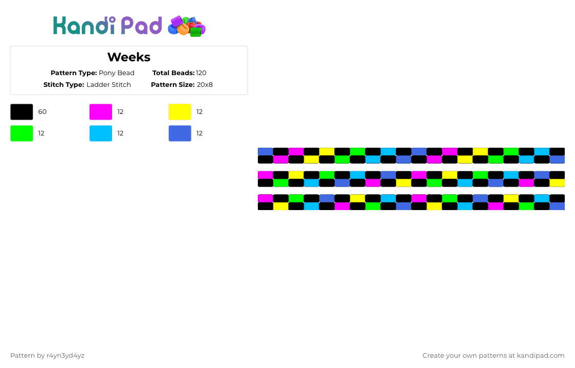 Neon pink rainbow and black checker cuffs - Pony Bead Pattern by r4yn3yd4yz on Kandi Pad - black,yellow,light blue,colorful,rainbow,checker,neon,bright,ladder
