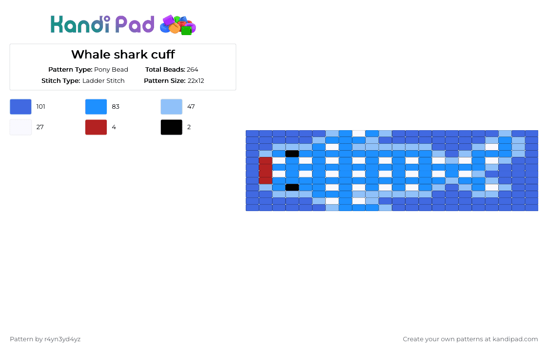 Whale shark cuff - Pony Bead Pattern by r4yn3yd4yz on Kandi Pad - light blue,blue,whale shark,ocean,sea,sea creatures,animals,cute,ladder