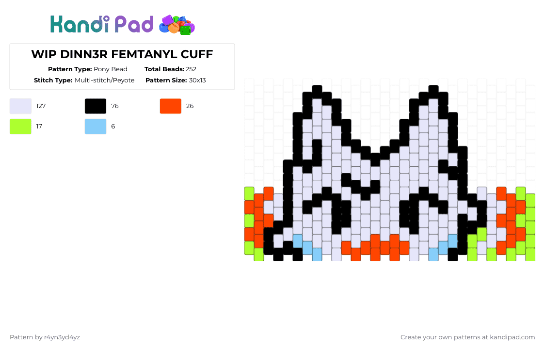 DINN3R FEMTANYL CUFF - Pony Bead Pattern by r4yn3yd4yz on Kandi Pad - white,green,red,token,music,femtanyl,dinner,cuff,creature,noelle