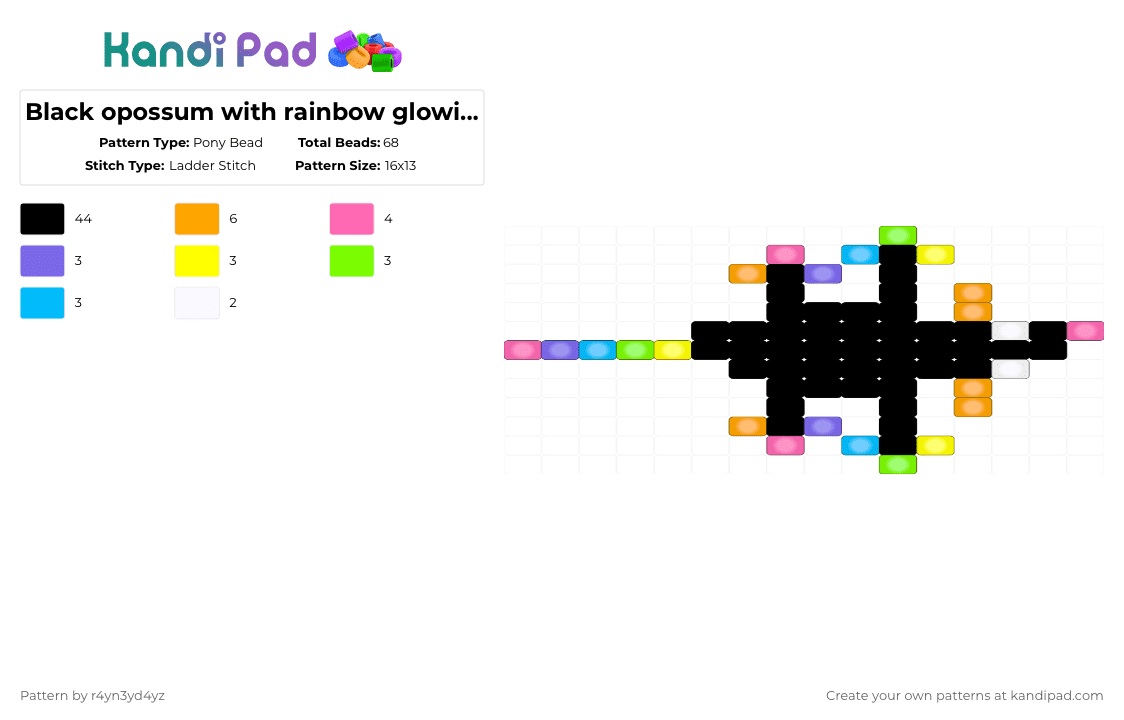 [read description] Black opossum with rainbow glowing accents - Pony Bead Pattern by r4yn3yd4yz on Kandi Pad - black,orange,pink