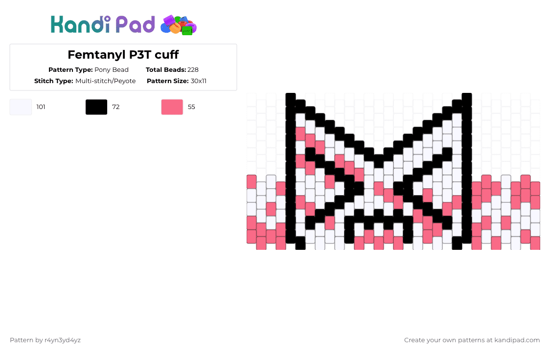 FEMTANYL P3T CUFF - Pony Bead Pattern by r4yn3yd4yz on Kandi Pad - red,white,music,femtanyl,token,pet,blood,spooky,cuff,gore