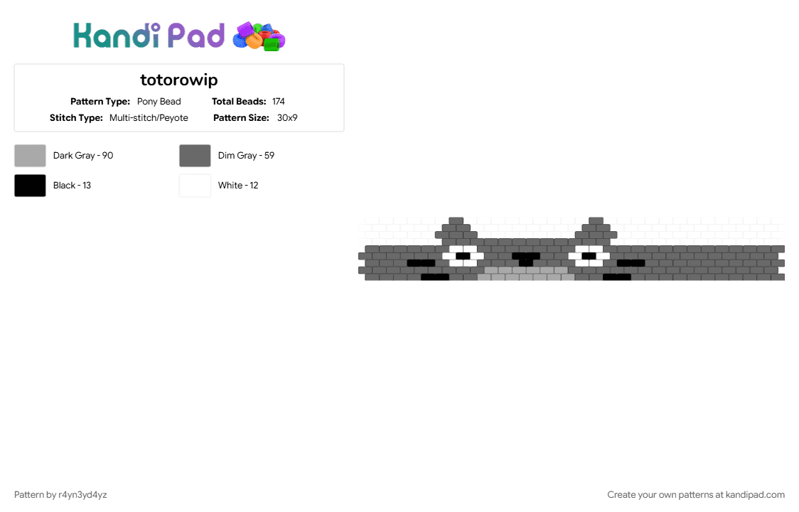 totoro cuff - Pony Bead Pattern by r4yn3yd4yz on Kandi Pad - anime, character, cute, ghibli, gray, grey, my neighbor totoro, studio ghibli