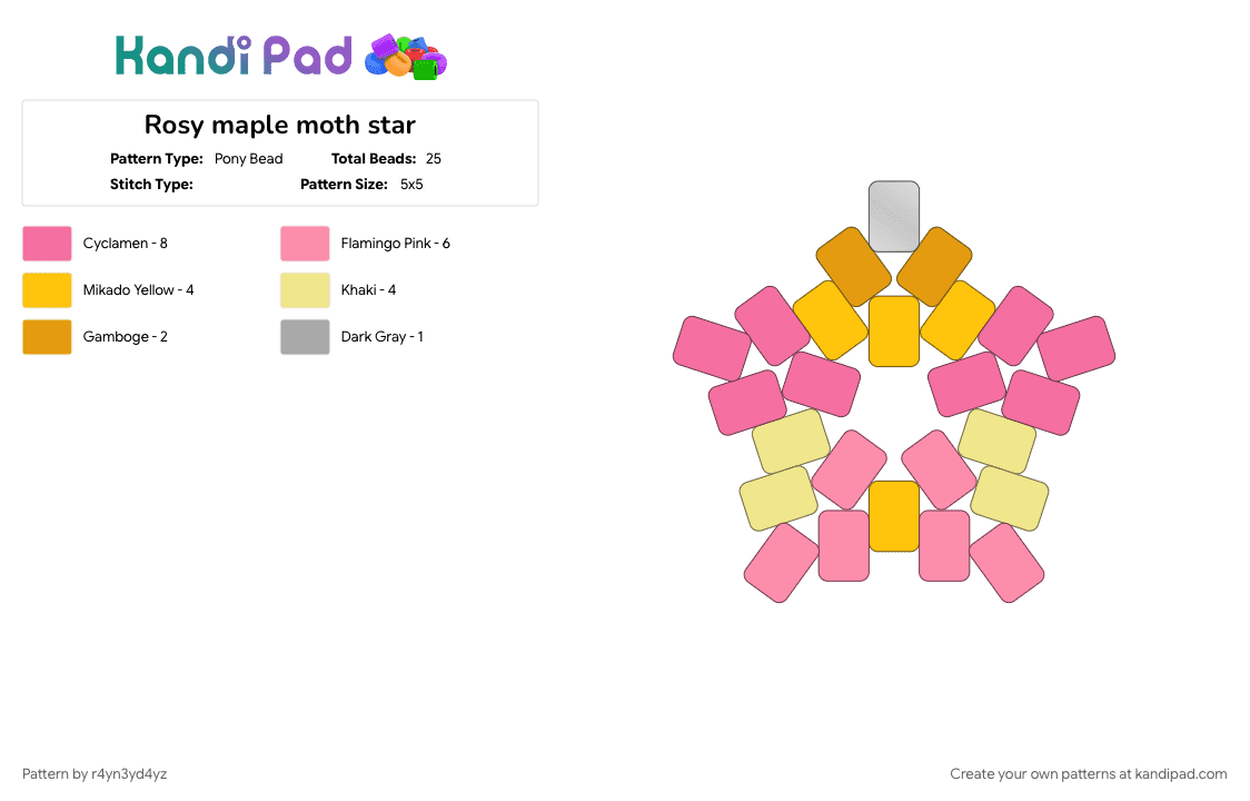 Rosy maple moth star - Pony Bead Pattern by r4yn3yd4yz on Kandi Pad - animal, cute, nature, pink, yellow
