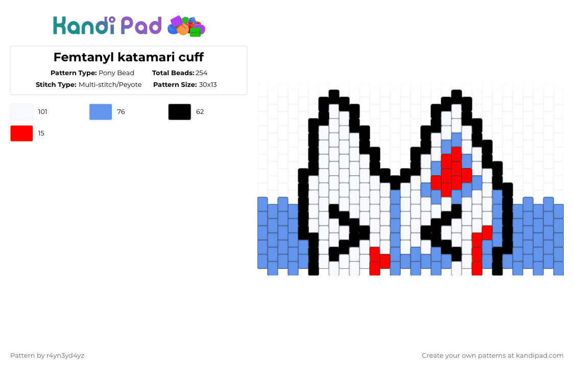 FEMTANYL KATAMARI CUFF - Pony Bead Pattern by r4yn3yd4yz on Kandi Pad - light blue,femtanyl,music,token,cuff,blue,white,skeleton,katamari