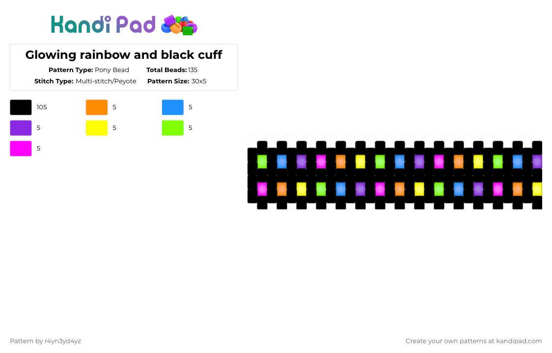 Glowing rainbow and black cuff - Pony Bead Pattern by r4yn3yd4yz on Kandi Pad - black,light blue,yellow,pink,colorful,glow,rainbow,scene,rave,decora,cuff,star