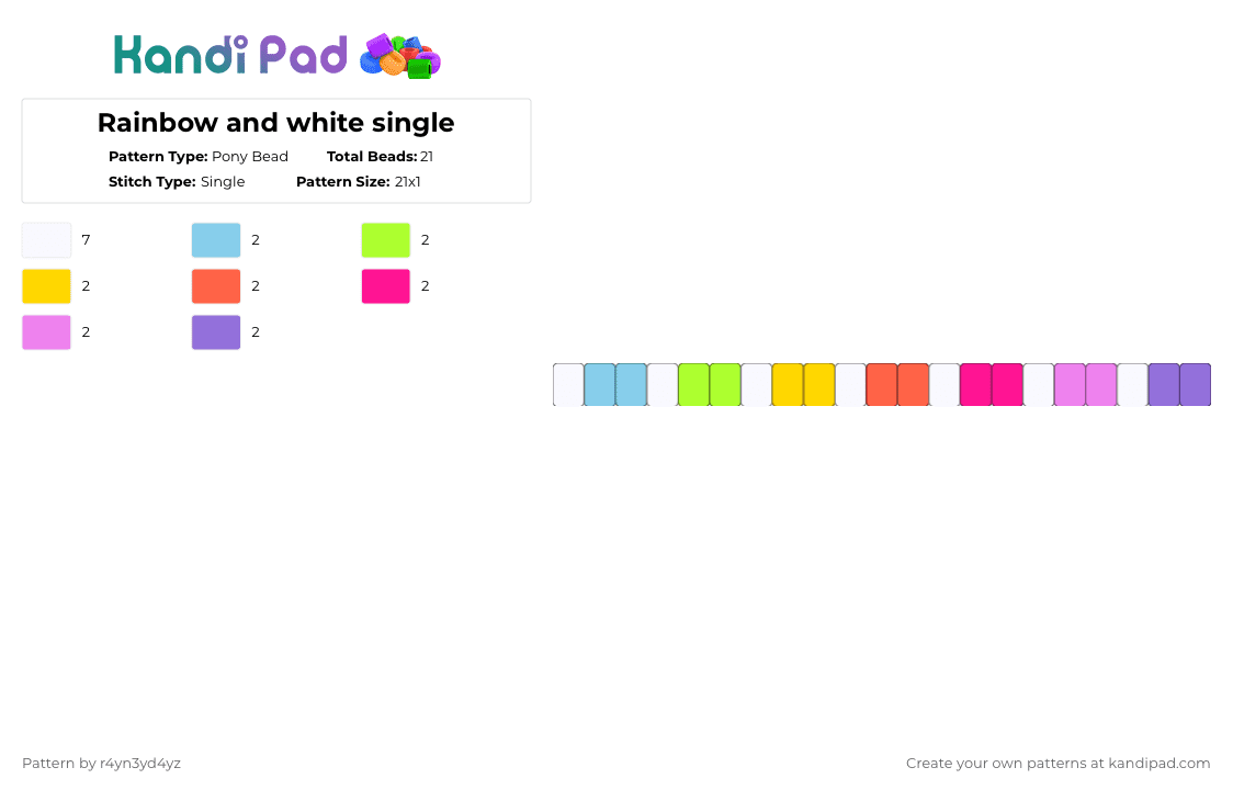 Rainbow and white single - Pony Bead Pattern by r4yn3yd4yz on Kandi Pad - pink,rainbow,white,pastel,light,cute,colorful