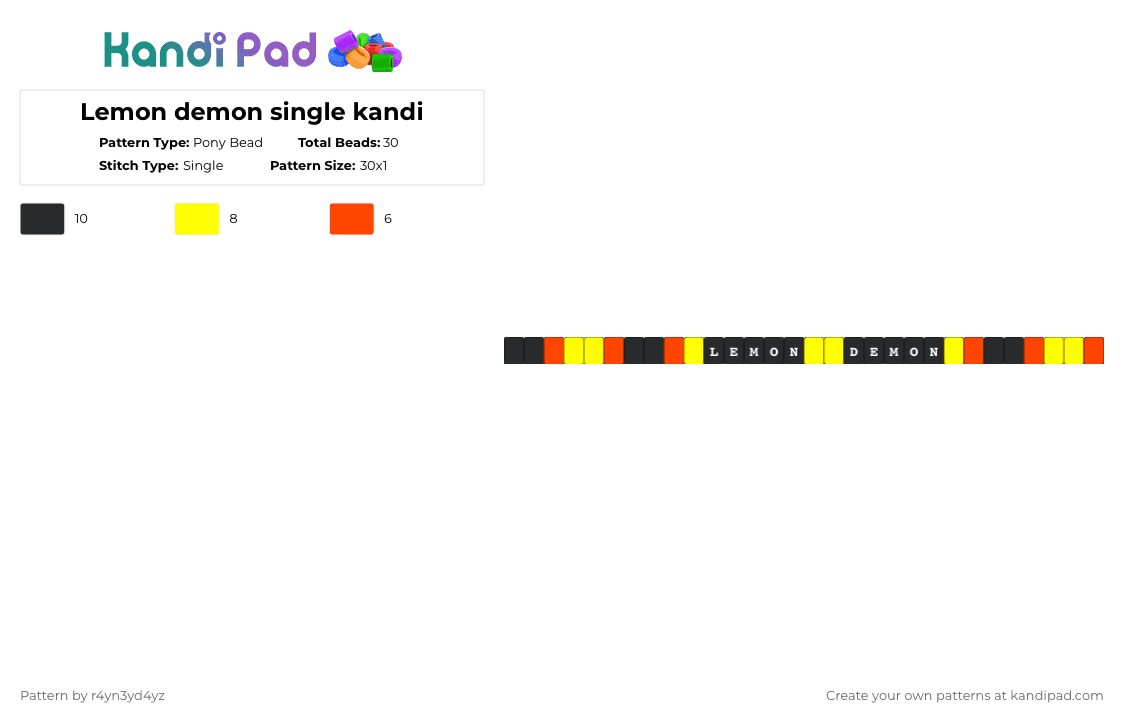 Lemon demon single kandi with text - Pony Bead Pattern by r4yn3yd4yz on Kandi Pad - lemon demon,band,red,yellow