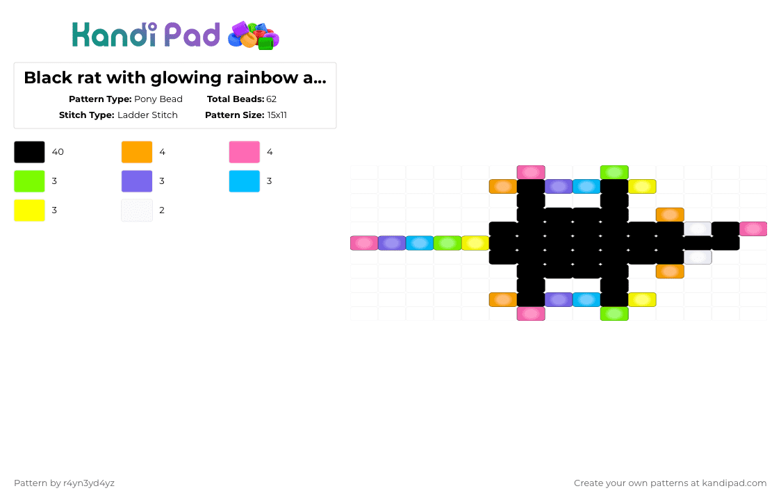[read description] Black rat with glowing rainbow accents - Pony Bead Pattern by r4yn3yd4yz on Kandi Pad - black,orange,pink