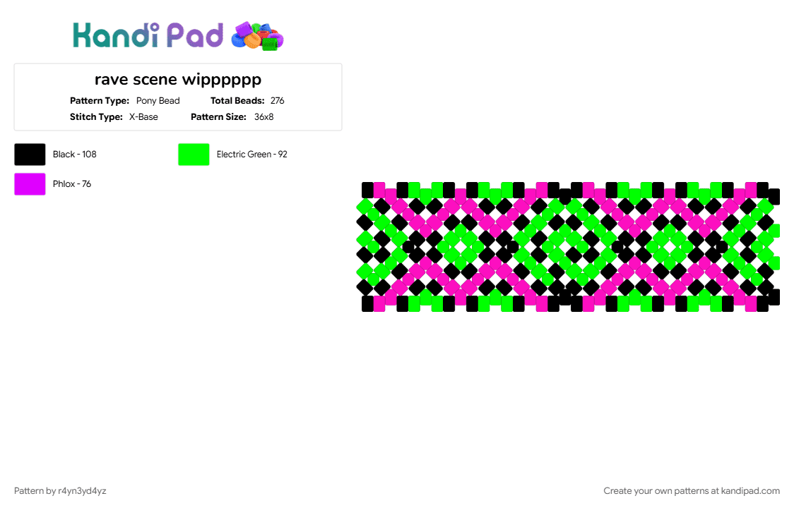 spiral and diamond rave cuff, scene colored - Pony Bead Pattern by r4yn3yd4yz on Kandi Pad - colorful, geometric, green, pink, vibrant