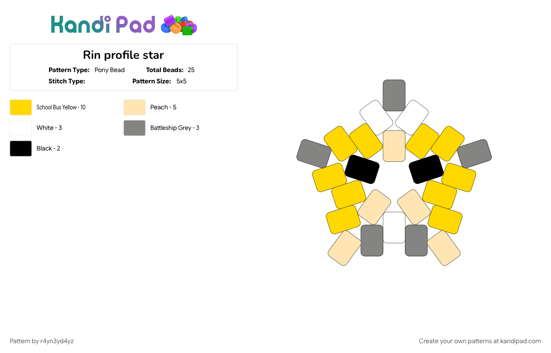 Rin profile star - Pony Bead Pattern by r4yn3yd4yz on Kandi Pad - character, kagamine rin, music, song, vocaloid, yellow