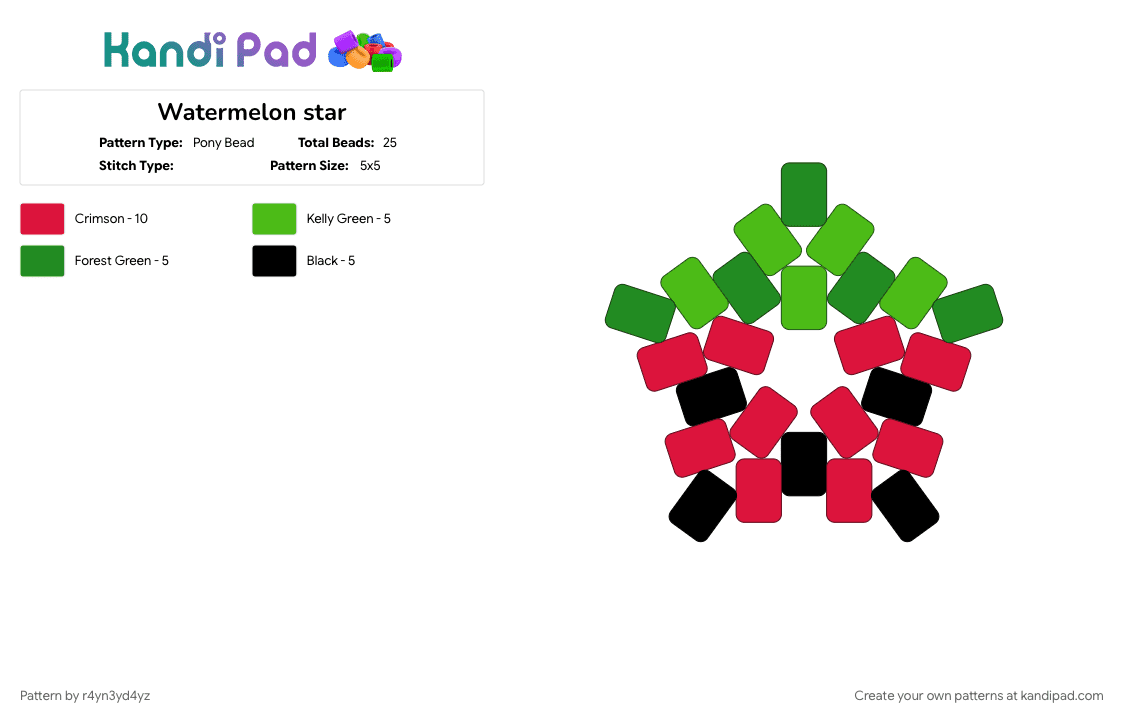 Watermelon star - Pony Bead Pattern by r4yn3yd4yz on Kandi Pad - food, fruit, green, nature, red, sweet