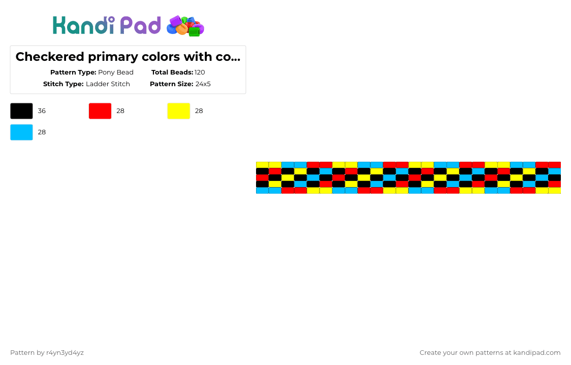 Checkered primary colors with color on the edges - Pony Bead Pattern by r4yn3yd4yz on Kandi Pad - red,yellow,light blue,checker,kidcore,clowncore,primary color,cuff,ladder,kandi,black