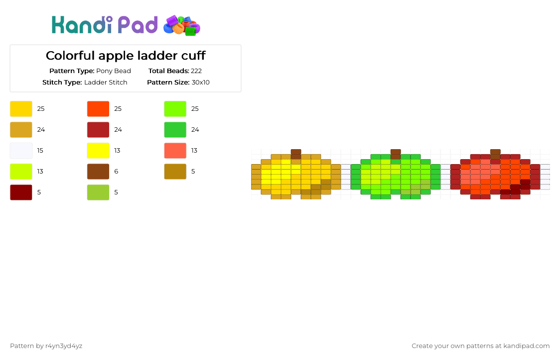 Colorful apple ladder cuff - Pony Bead Pattern by r4yn3yd4yz on Kandi Pad - red,yellow,green,colorful,apple,food,cute,fruit