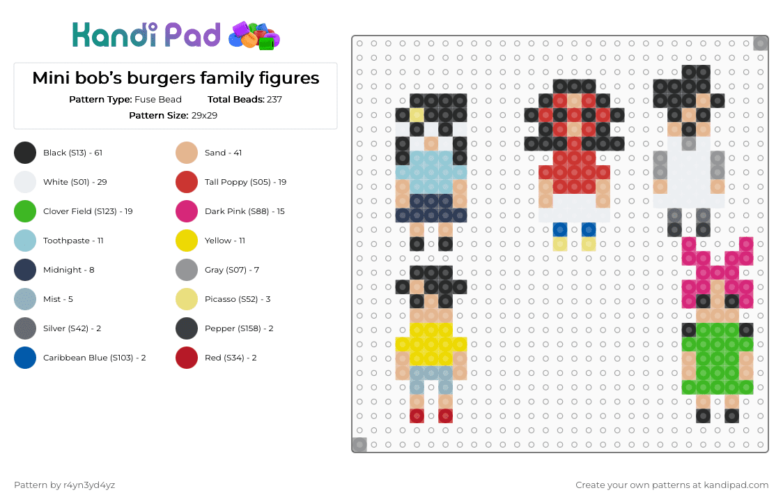 Mini bob’s burgers family figures - Fuse Bead Pattern by r4yn3yd4yz on Kandi Pad - beige,yellow,green,colorful,adult swim,cute,cartoon,show
