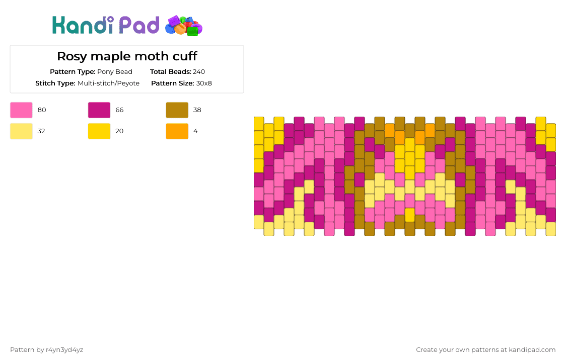 Rosy maple moth cuff - Pony Bead Pattern by r4yn3yd4yz on Kandi Pad - pink