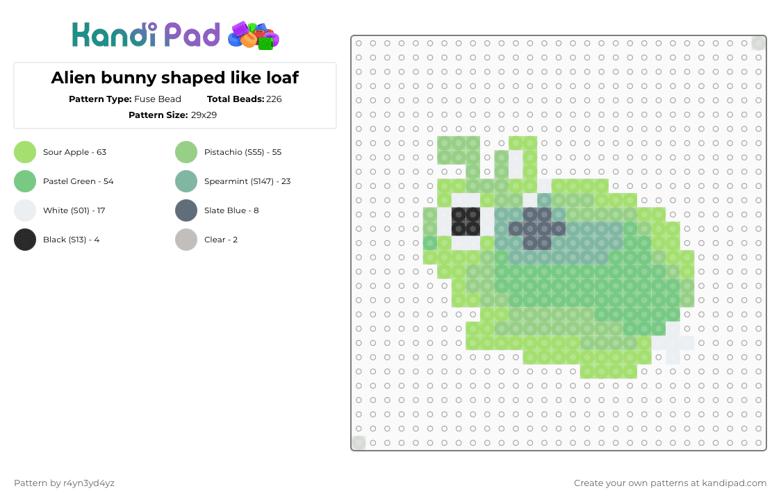 Alien bunny shaped like loaf - Fuse Bead Pattern by r4yn3yd4yz on Kandi Pad - teal,green