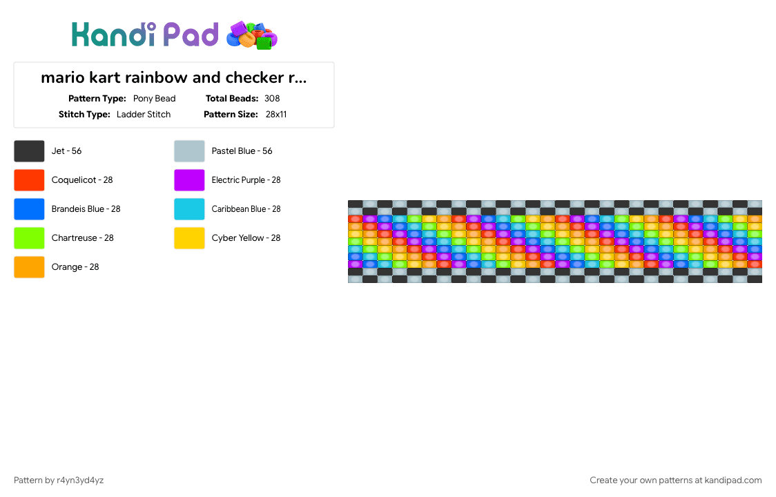 mario kart rainbow and checker road ladder cuff - Pony Bead Pattern by r4yn3yd4yz on Kandi Pad - colorful, gaming, light blue, nintendo