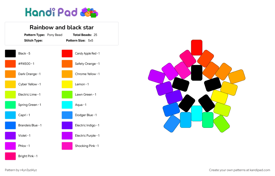 Rainbow and black star - Pony Bead Pattern by r4yn3yd4yz on Kandi Pad - colorful, light blue, orange, pink