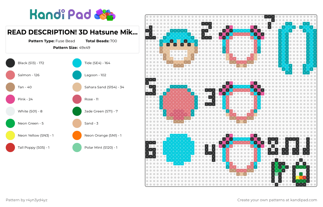 READ DESCRIPTION! 3D Hatsune Miku shaker - Fuse Bead Pattern by r4yn3yd4yz on Kandi Pad - teal,light blue,red,beige,miku,tamagotchi,3d,shaker,hatsune miku