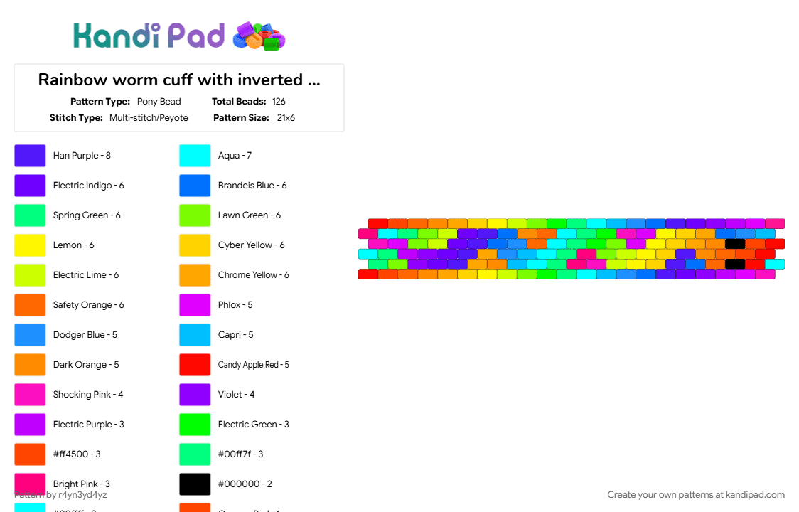 Rainbow worm cuff with inverted rainbow background and edges - Pony Bead Pattern by r4yn3yd4yz on Kandi Pad - colorful, cuff, decora, kidcore, purple, rainbow, toy, worm, yellow