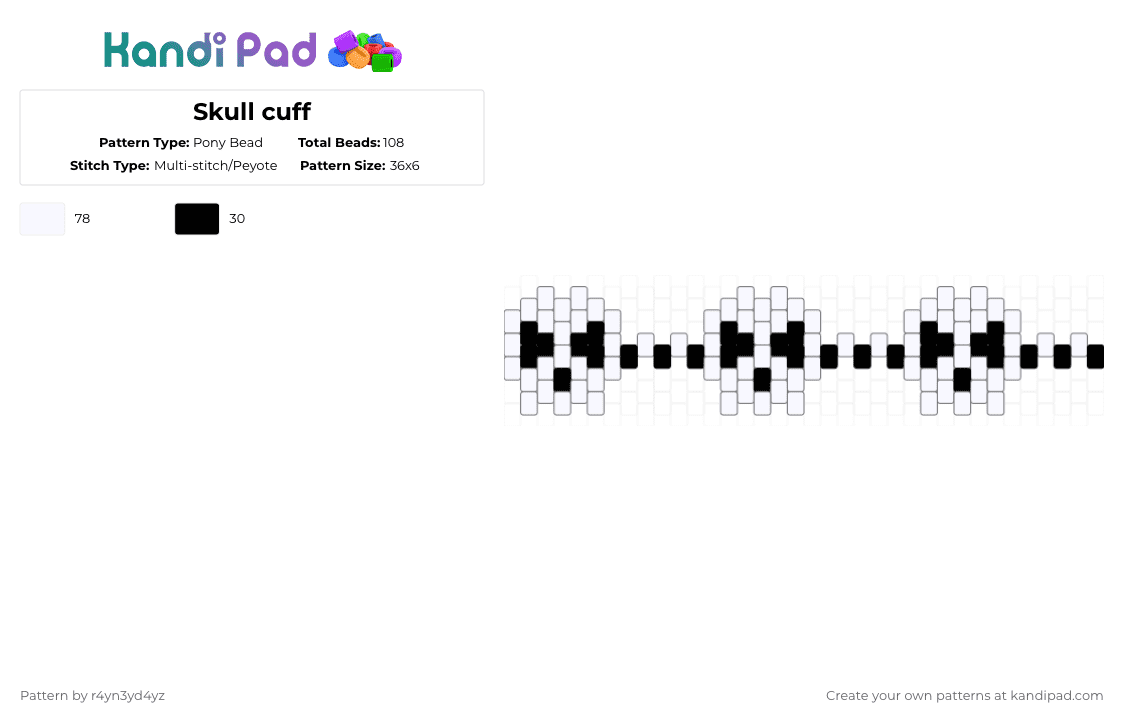 Skull cuff - Pony Bead Pattern by r4yn3yd4yz on Kandi Pad - white,black,creepy,skull,bone,peytote,kandi,emo