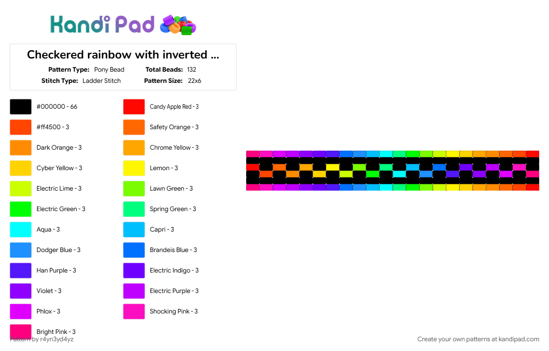 Checkered rainbow with inverted rainbow on the edges cuff - Pony Bead Pattern by r4yn3yd4yz on Kandi Pad - black, checker, colorful, cuff, ladder, neon, purple, rainbow, scene, yellow