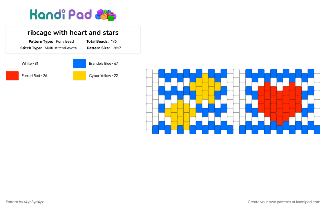ribcage with heart and stars cuff - Pony Bead Pattern by r4yn3yd4yz on Kandi Pad - blue, body, bones, clowncore, primary colors, red, skeleton, yellow