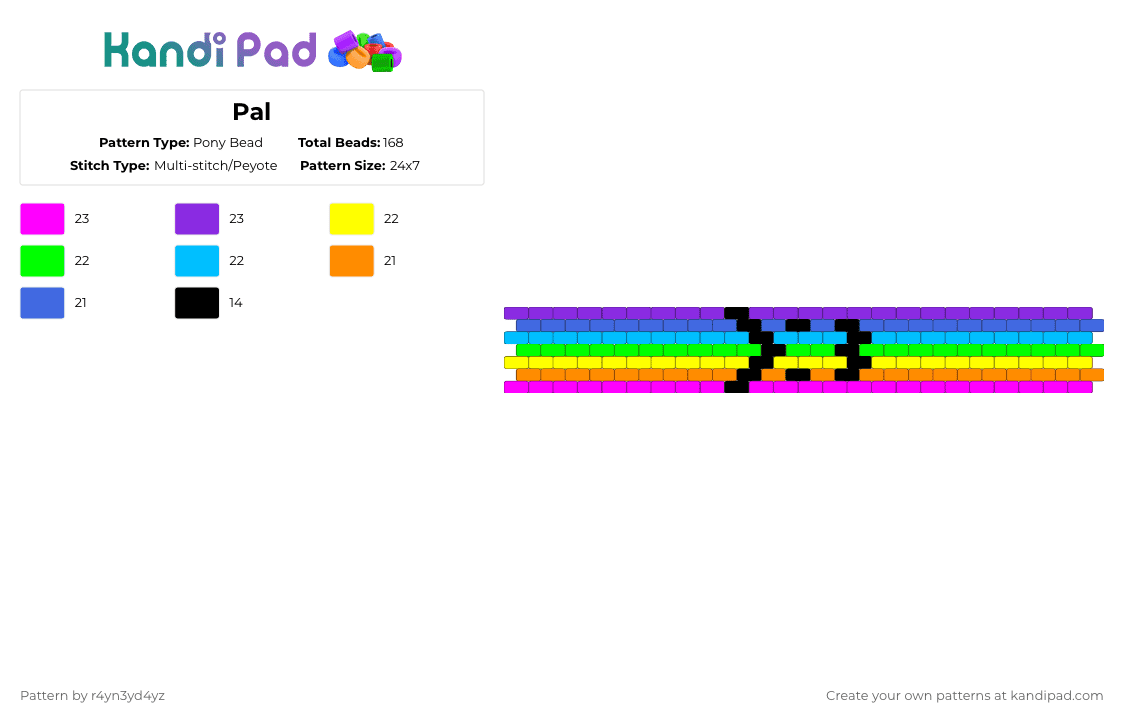 >:3 - Pony Bead Pattern by r4yn3yd4yz on Kandi Pad - orange,green,purple,colorful,neon,rainbow,cuff,cute