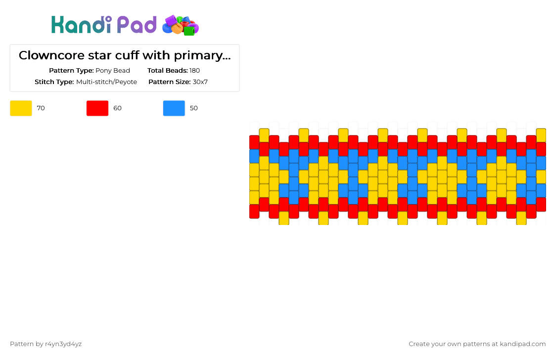 Clowncore star cuff with primary colors - Pony Bead Pattern by r4yn3yd4yz on Kandi Pad - yellow,red
