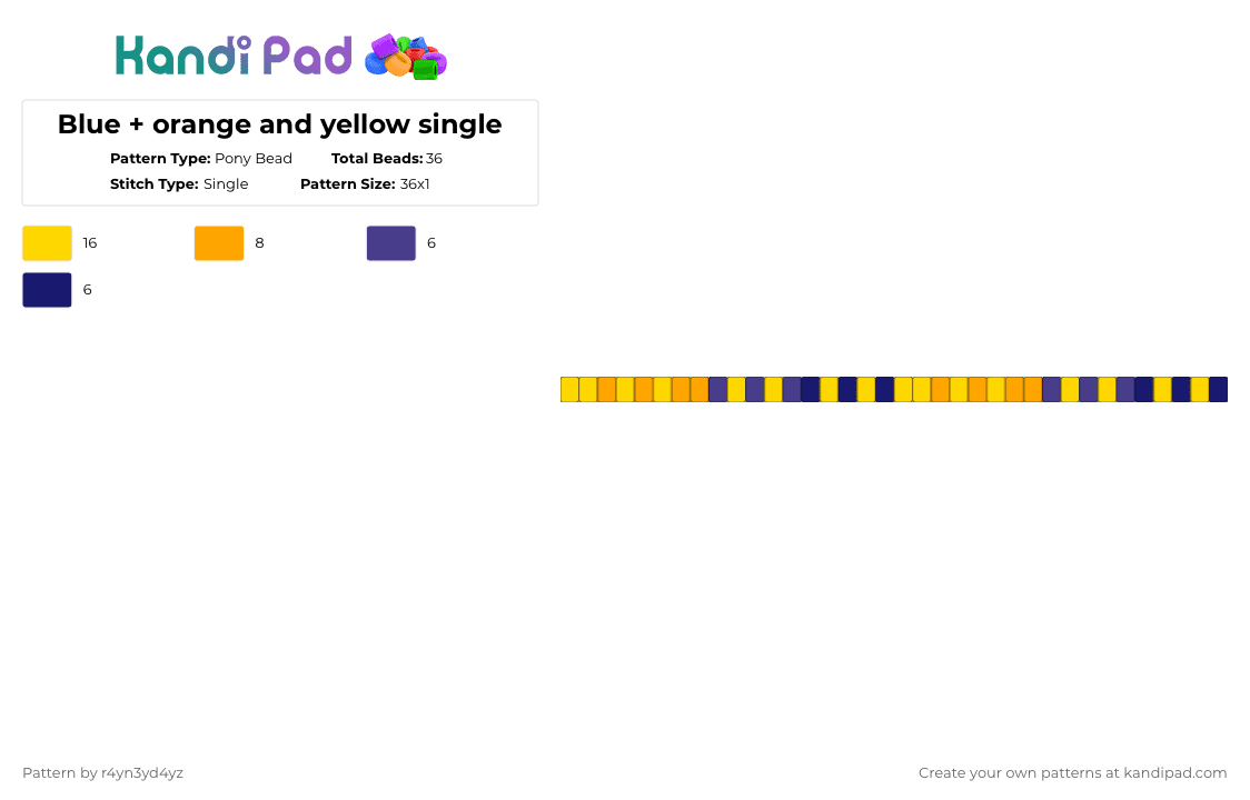 Blue + orange and yellow single - Pony Bead Pattern by r4yn3yd4yz on Kandi Pad - yellow,purple,blue,dark blue,orange,single,oceanicstaric,kandi,bracelet