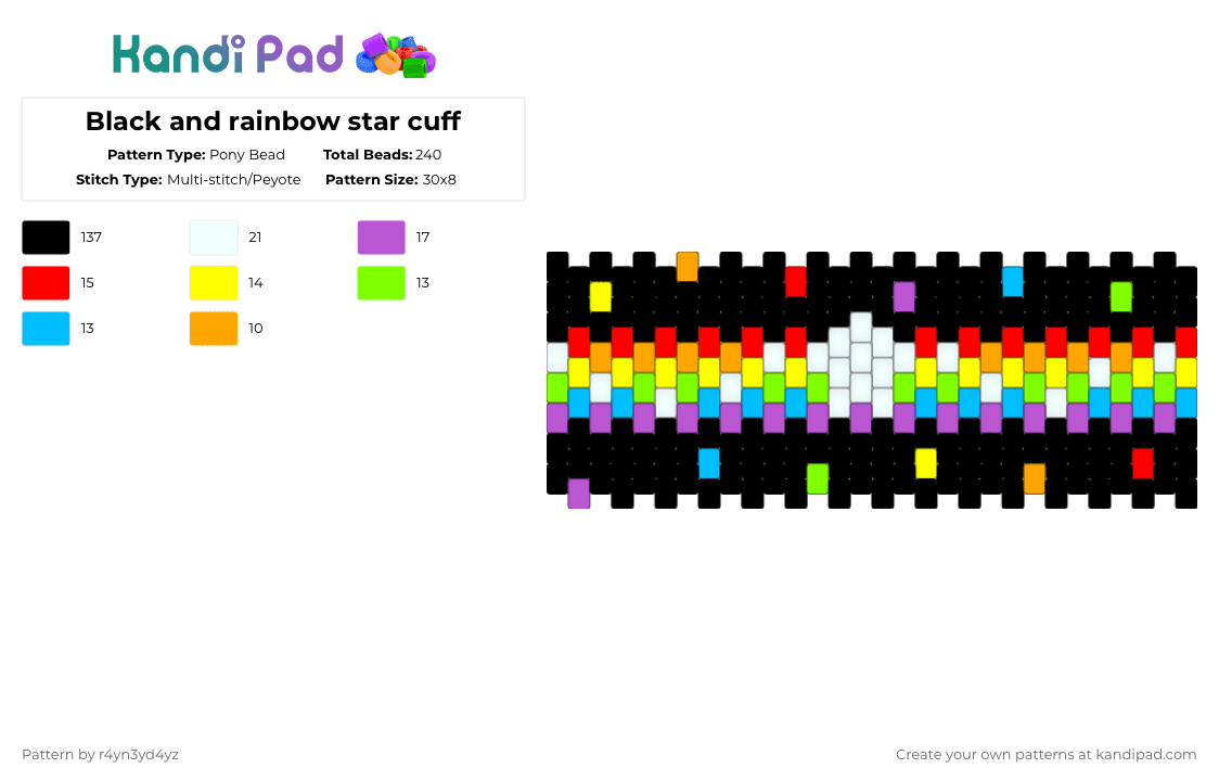 Black and rainbow star cuff - Pony Bead Pattern by r4yn3yd4yz on Kandi Pad - black,yellow,light blue,colorful,star,rainbow,confetti,cuff,neon,white