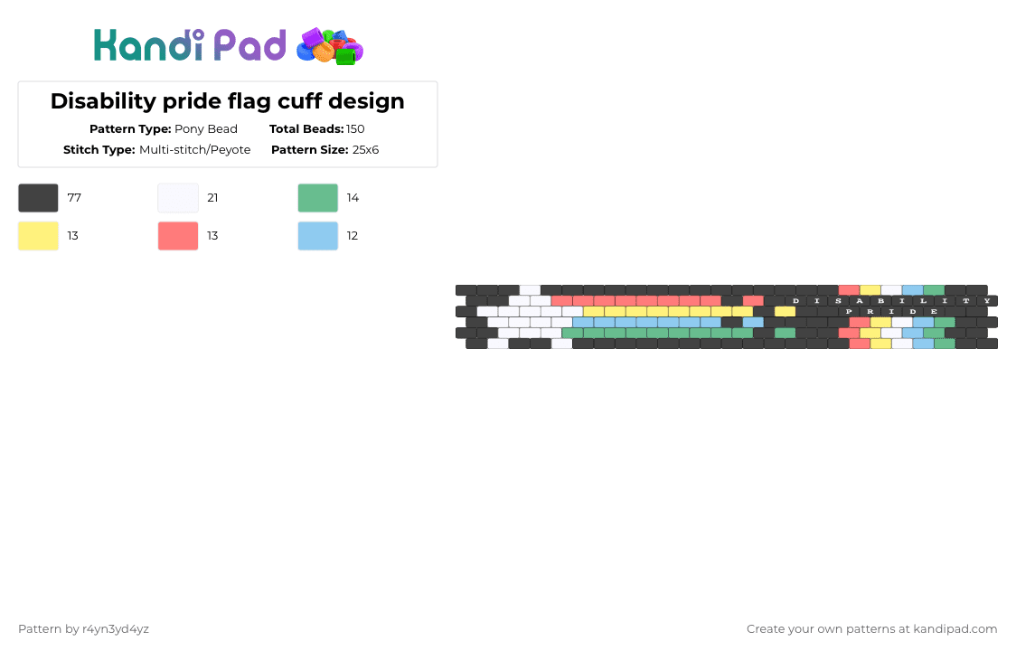 Disability pride flag cuff design - Pony Bead Pattern by r4yn3yd4yz on Kandi Pad - black,yellow,teal,red