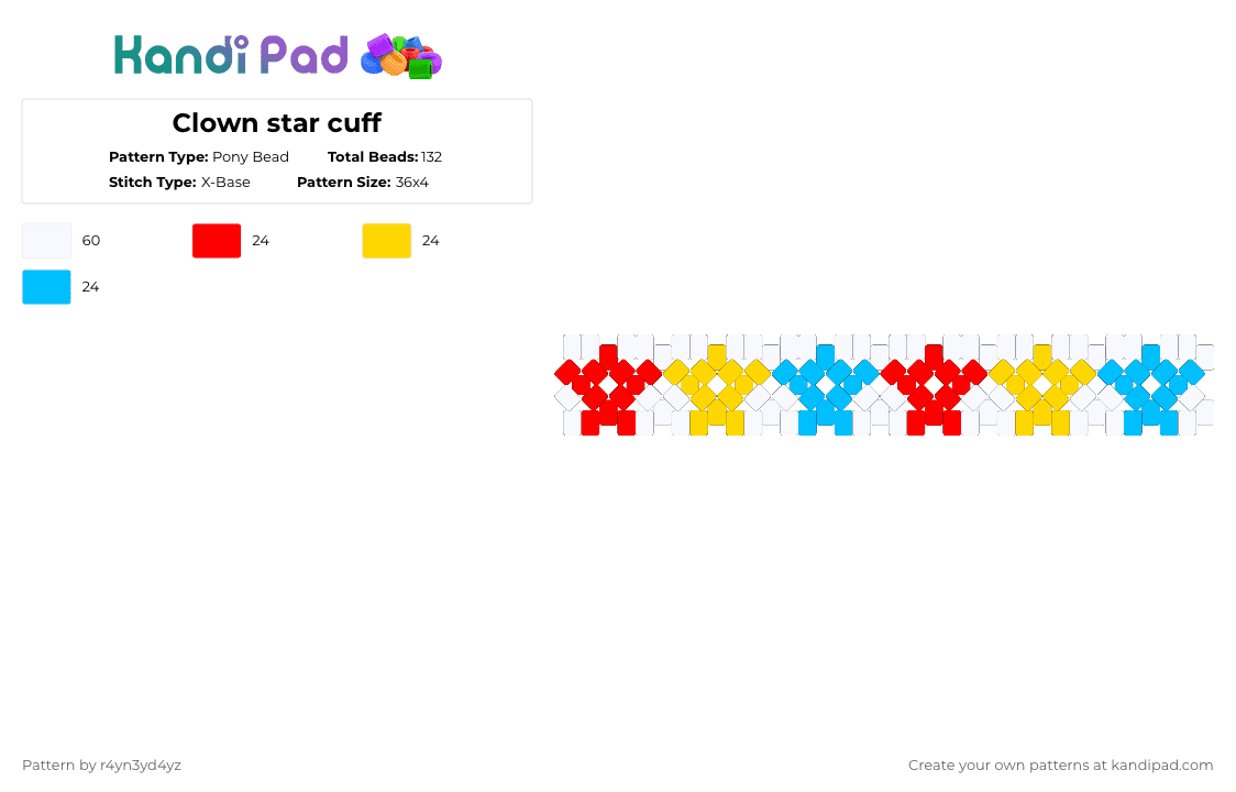Clown star cuff - Pony Bead Pattern by r4yn3yd4yz on Kandi Pad - red,yellow,light blue,clowncore,kidcore,star,x base,cuff,primary color,cute